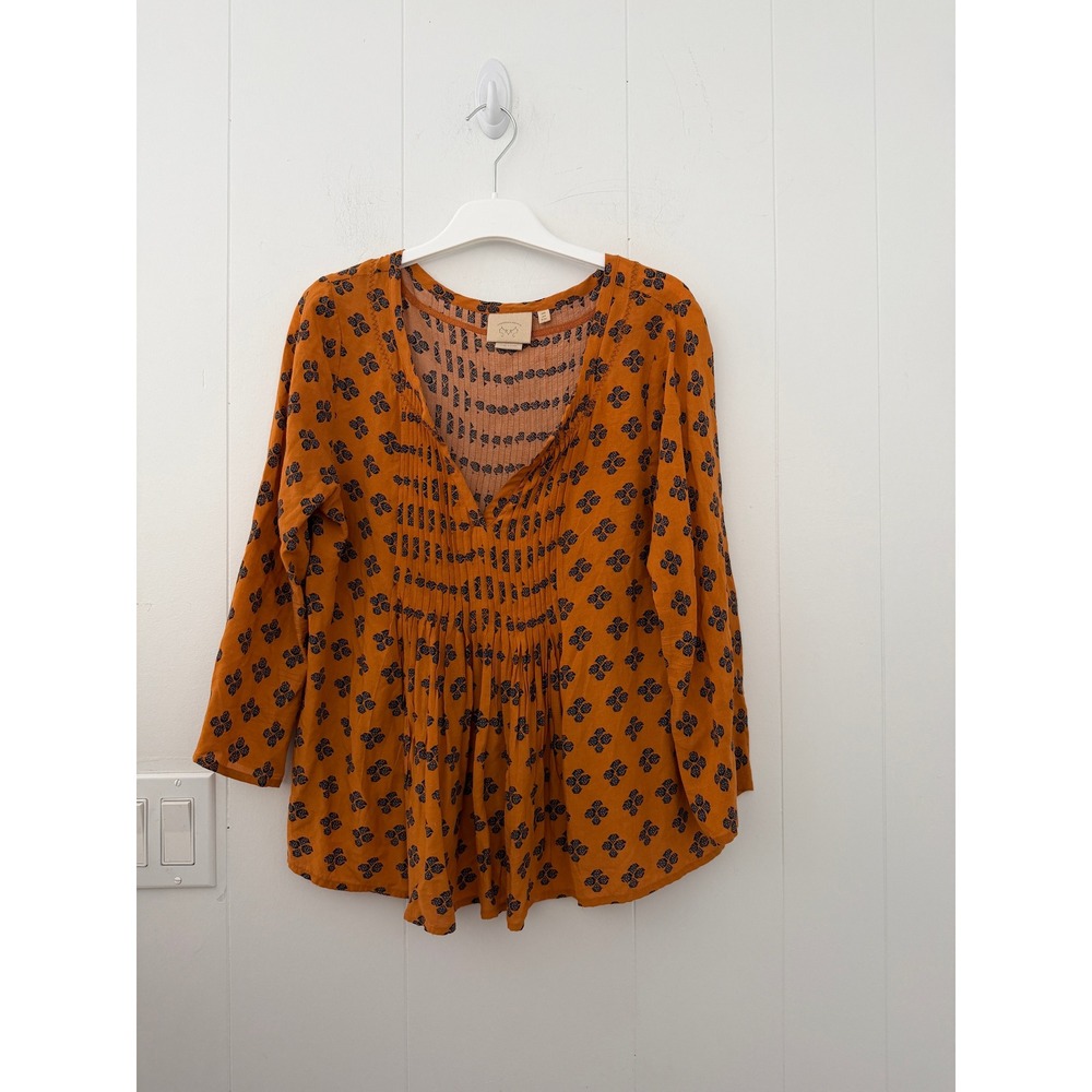 Vanessa Virginia Anthropologie Burnt Orange Pintuck Pleated Blouse Size 4